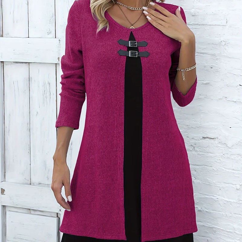 👗💖 Dames Jurk Tweedelig – A-Lijn Silhouet, Chique Gespaccenten & Comfortabele Geribbeld Stof - Image 3