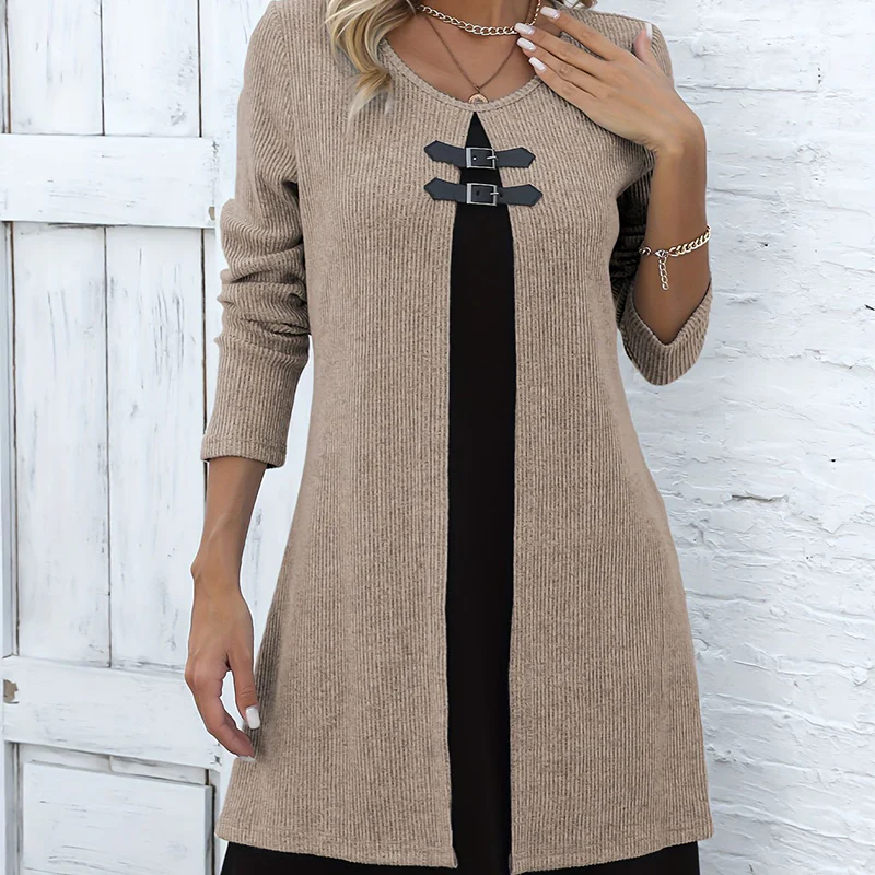 👗💖 Dames Jurk Tweedelig – A-Lijn Silhouet, Chique Gespaccenten & Comfortabele Geribbeld Stof - Image 4