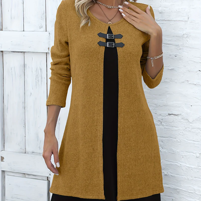 👗💖 Dames Jurk Tweedelig – A-Lijn Silhouet, Chique Gespaccenten & Comfortabele Geribbeld Stof - Image 5