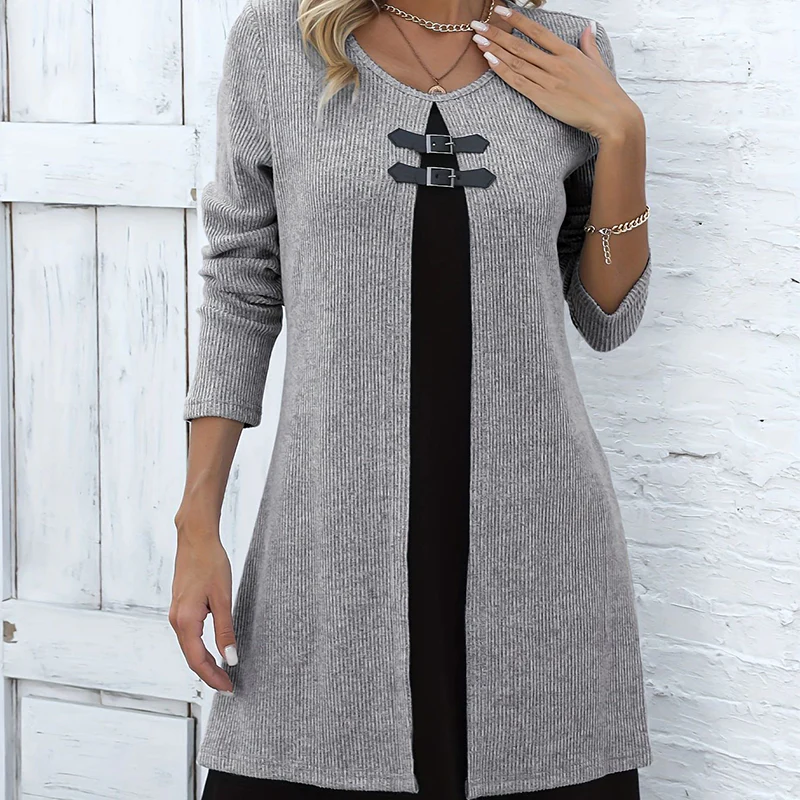 👗💖 Dames Jurk Tweedelig – A-Lijn Silhouet, Chique Gespaccenten & Comfortabele Geribbeld Stof - Image 6