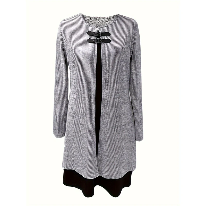 👗💖 Dames Jurk Tweedelig – A-Lijn Silhouet, Chique Gespaccenten & Comfortabele Geribbeld Stof - Image 9