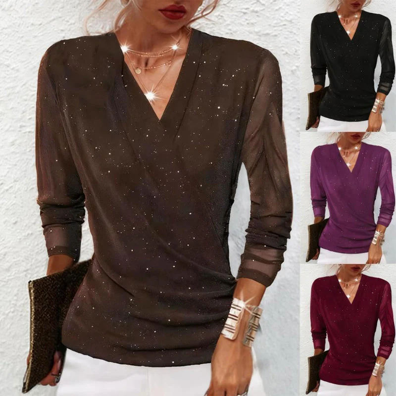 ✨ Dames Glinsterende Gekruiste V-Hals Top – Elegante Doorschijnende Mouwen, Flatterend Silhouet & Veelzijdig (Van Kantoor Tot Avondfeest, Stijlvol Schitteren!)