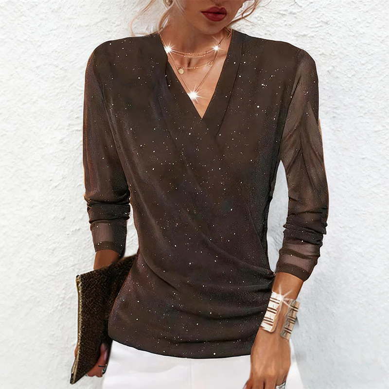 ✨ Dames Glinsterende Gekruiste V-Hals Top – Elegante Doorschijnende Mouwen, Flatterend Silhouet & Veelzijdig (Van Kantoor Tot Avondfeest, Stijlvol Schitteren!) - Image 2