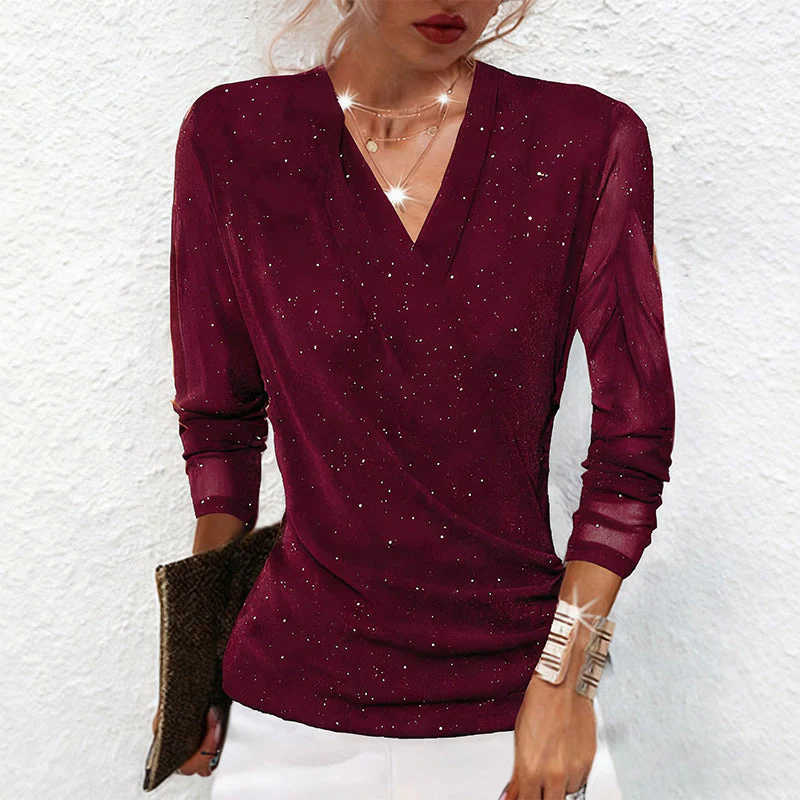 ✨ Dames Glinsterende Gekruiste V-Hals Top – Elegante Doorschijnende Mouwen, Flatterend Silhouet & Veelzijdig (Van Kantoor Tot Avondfeest, Stijlvol Schitteren!) - Image 3