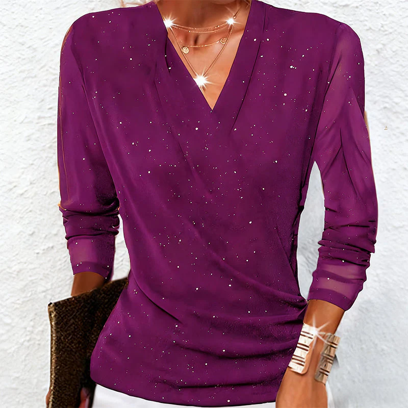 ✨ Dames Glinsterende Gekruiste V-Hals Top – Elegante Doorschijnende Mouwen, Flatterend Silhouet & Veelzijdig (Van Kantoor Tot Avondfeest, Stijlvol Schitteren!) - Image 4