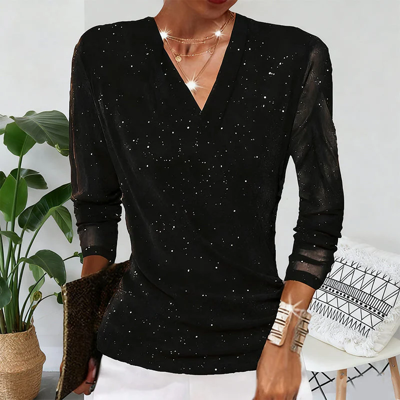 ✨ Dames Glinsterende Gekruiste V-Hals Top – Elegante Doorschijnende Mouwen, Flatterend Silhouet & Veelzijdig (Van Kantoor Tot Avondfeest, Stijlvol Schitteren!) - Image 5