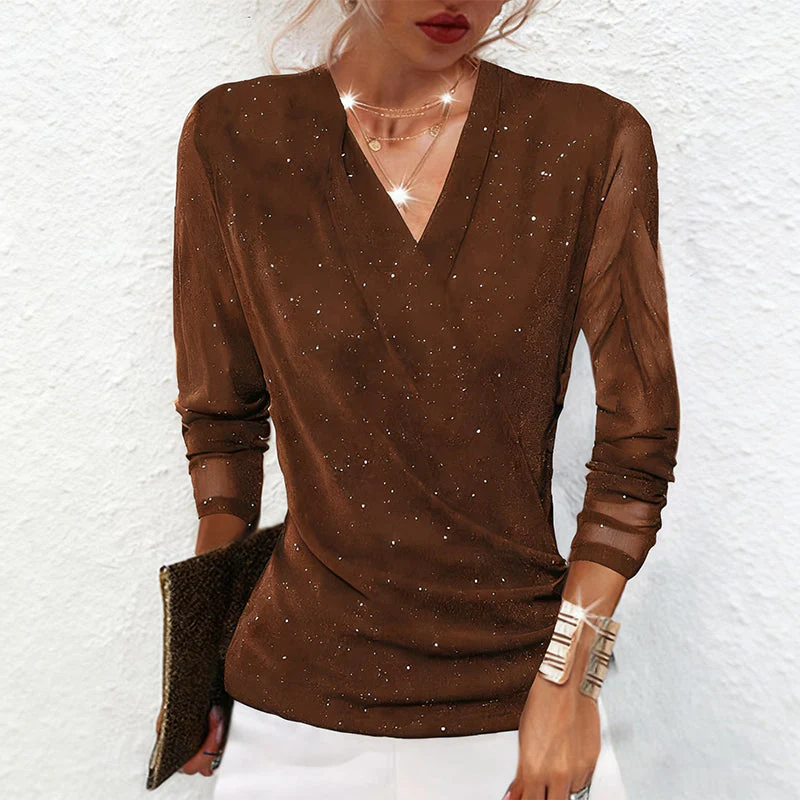 ✨ Dames Glinsterende Gekruiste V-Hals Top – Elegante Doorschijnende Mouwen, Flatterend Silhouet & Veelzijdig (Van Kantoor Tot Avondfeest, Stijlvol Schitteren!) - Image 6