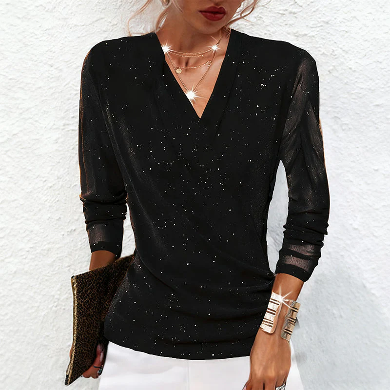 ✨ Dames Glinsterende Gekruiste V-Hals Top – Elegante Doorschijnende Mouwen, Flatterend Silhouet & Veelzijdig (Van Kantoor Tot Avondfeest, Stijlvol Schitteren!) - Image 7