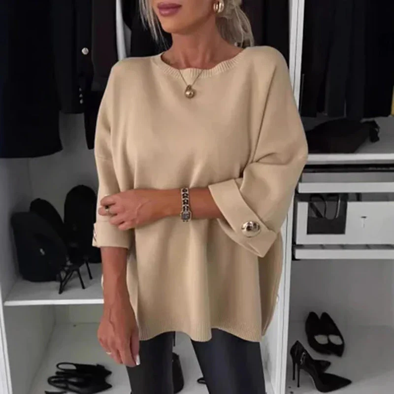 50% KORTING 👚 Klassieke Effen Gebreide Top voor Vrouwen – Driekwart Mouwen (Decoratieve Knopen) & Makkelijk Te Combineren! - Image 3